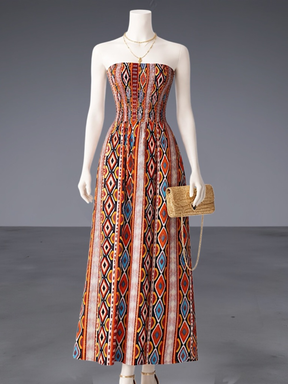Strapless Smocked Bohemian Maxi Dress - Multicolor - Picture 13 of 13